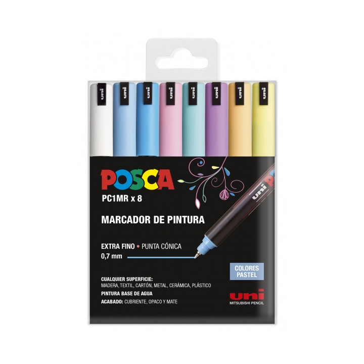 Posca PC1MR Pack de 8 Marcadores de Pintura - Punta Roller de Fibra 0.7mm - Tinta Pigmentada Base al Agua - Resistente a la Luz