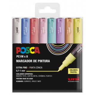 Posca PC1M Pack de 8 Marcadores de Pintura - Punta Conica 0.7mm - Tinta Base al Agua - No Permanente - Resistente a la Luz - In