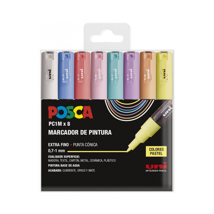 Posca PC1M Pack de 8 Marcadores de Pintura - Punta Conica 0.7mm - Tinta Base al Agua - No Permanente - Resistente a la Luz - In