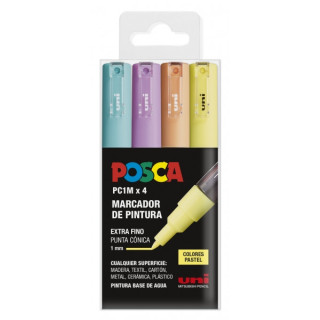 Posca PC1M Pack de 4 Marcadores de Pintura - Punta Conica 0.7mm - Tinta Base al Agua - No Permanente - Resistente a la Luz - Co