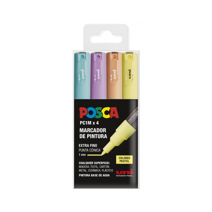 Posca PC1M Pack de 4 Marcadores de Pintura - Punta Conica 0.7mm - Tinta Base al Agua - No Permanente - Resistente a la Luz - Co