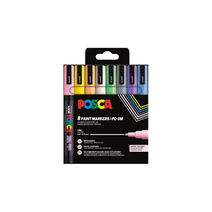 Posca PC3M Pack de 8 Marcadores de Pintura - Punta Conica 0.9-1.3mm - Tinta Base al Agua - Resistente a la Luz  - Ideal para Ca
