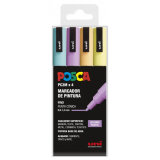 Posca PC3M Pack de 4 Marcadores de Pintura - Punta Conica 0.9-1.3mm - Tinta Base al Agua - Resistente a la Luz - No Permanente