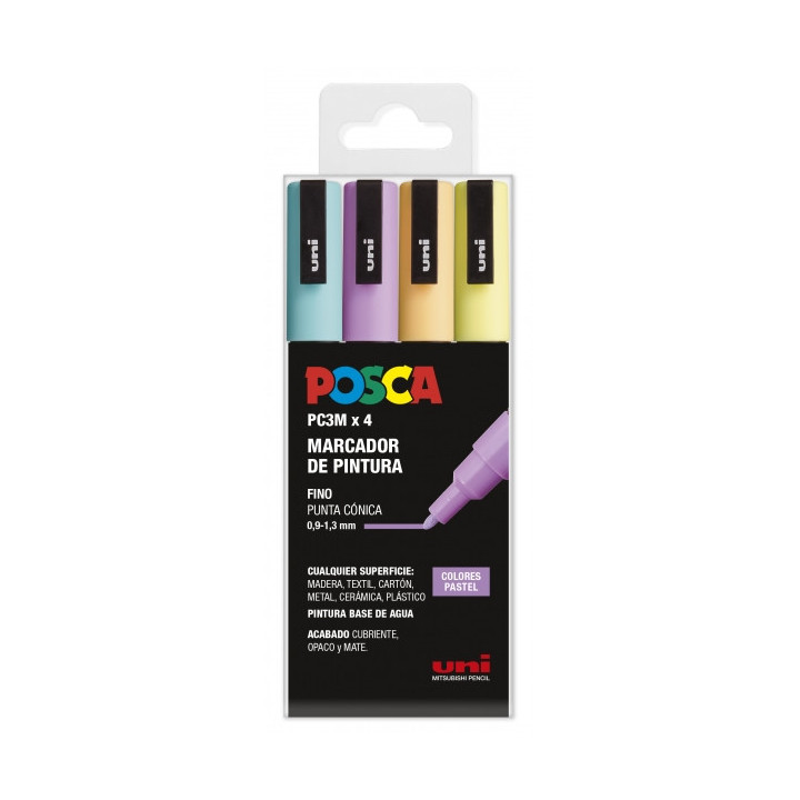 Posca PC3M Pack de 4 Marcadores de Pintura - Punta Conica 0.9-1.3mm - Tinta Base al Agua - Resistente a la Luz - No Permanente