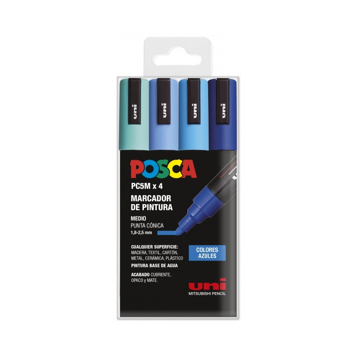 Posca PC-5M Estuche de 4 Marcadores de Pintura - Punta de Bala 1.8-2.5mm - Tinta Base al Agua - Resistente a la Luz - Color Sur