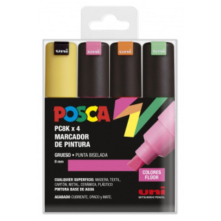 Posca PC-8K Estuche de 4 Marcadores de Pintura - Punta Biselada Acrilica 8mm - Tinta Base al Agua - Resistente a la Luz - Color