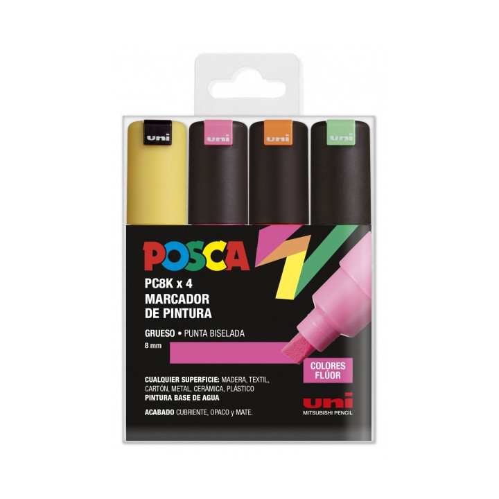 Posca PC-8K Estuche de 4 Marcadores de Pintura - Punta Biselada Acrilica 8mm - Tinta Base al Agua - Resistente a la Luz - Color