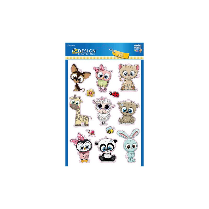 Sobre con 1 hoja 150x120mm y 13 pegatinas animales avery 53252