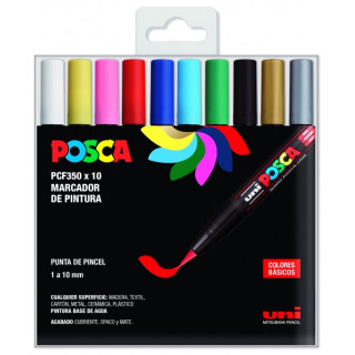 Posca PCF-350/10C Estuche de 10 Marcadores de Pintura Base al Agua - Punta Acrilica Estilo Pincel - No Permanente - Resistente