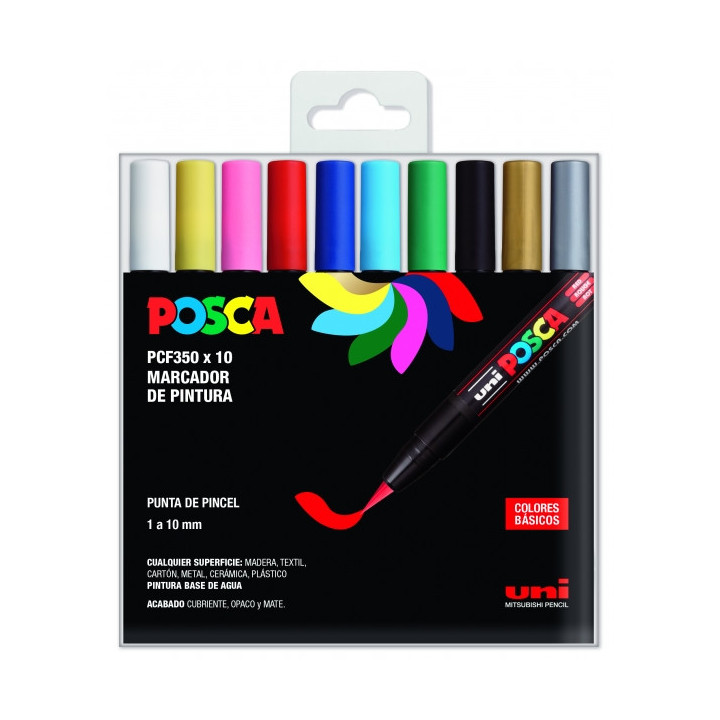 Posca PCF-350/10C Estuche de 10 Marcadores de Pintura Base al Agua - Punta Acrilica Estilo Pincel - No Permanente - Resistente