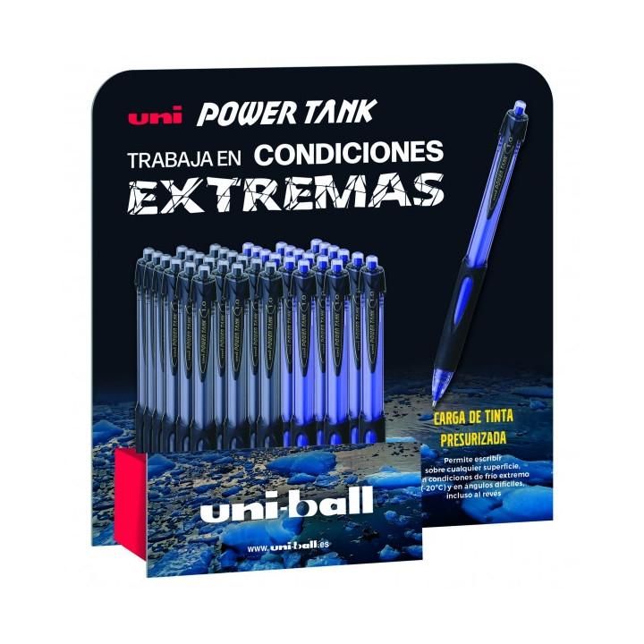 Uni-ball 220 Power Tank Expositor de 36 Boligrafos - Punta de Bola 1mm - Carga Presurizada - Escribe en Cualquier Superficie -