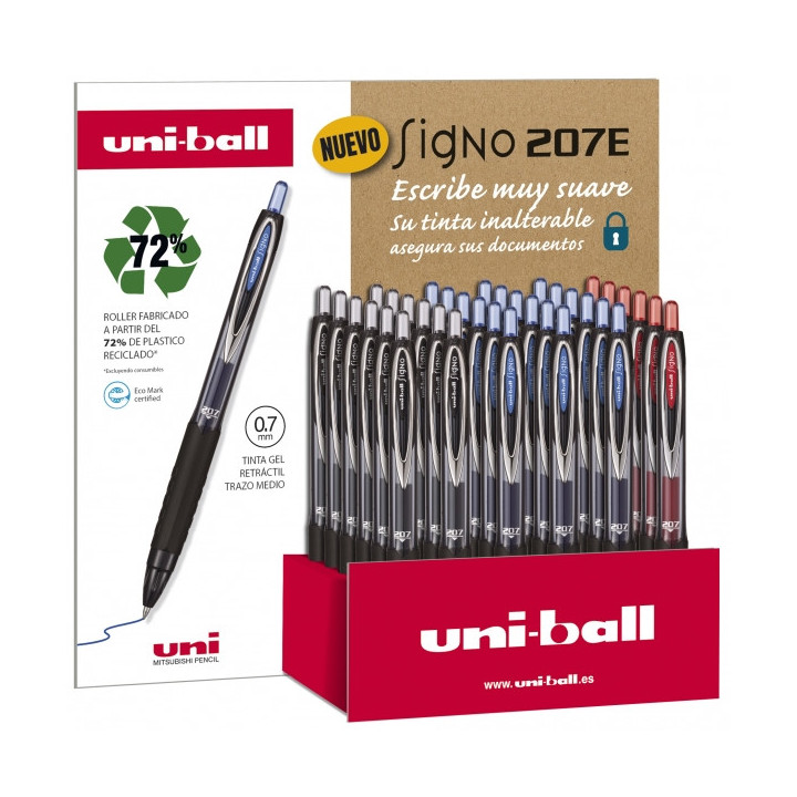 Uni-ball Signo 207E Expositor de 36 Boligrafos de Tinta Gel - Punta de Bola 0.7mm - Grip de Caucho Antifatiga - Tinta a Prueba