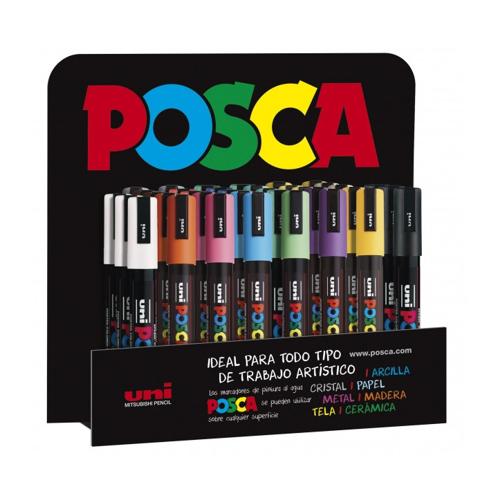 Posca PC-5M Expositor de 36 Marcadores de Pintura - Punta de Bala 1.8-2.5mm - Tinta Base al Agua - No Permanente - Resistente a