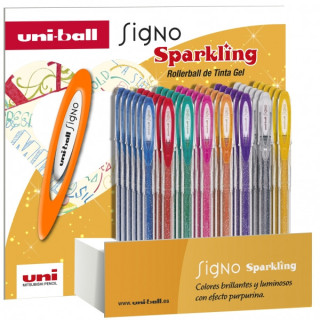 Uni-ball Signo Sparkling Expositor de 48 Boligrafos de Tinta Gel - Punta de Bola 1mm - Tinta Pigmentada Resistente al Agua y Lu