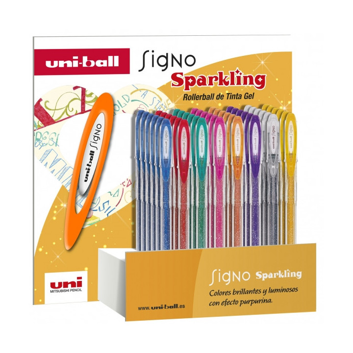 Uni-ball Signo Sparkling Expositor de 48 Boligrafos de Tinta Gel - Punta de Bola 1mm - Tinta Pigmentada Resistente al Agua y Lu