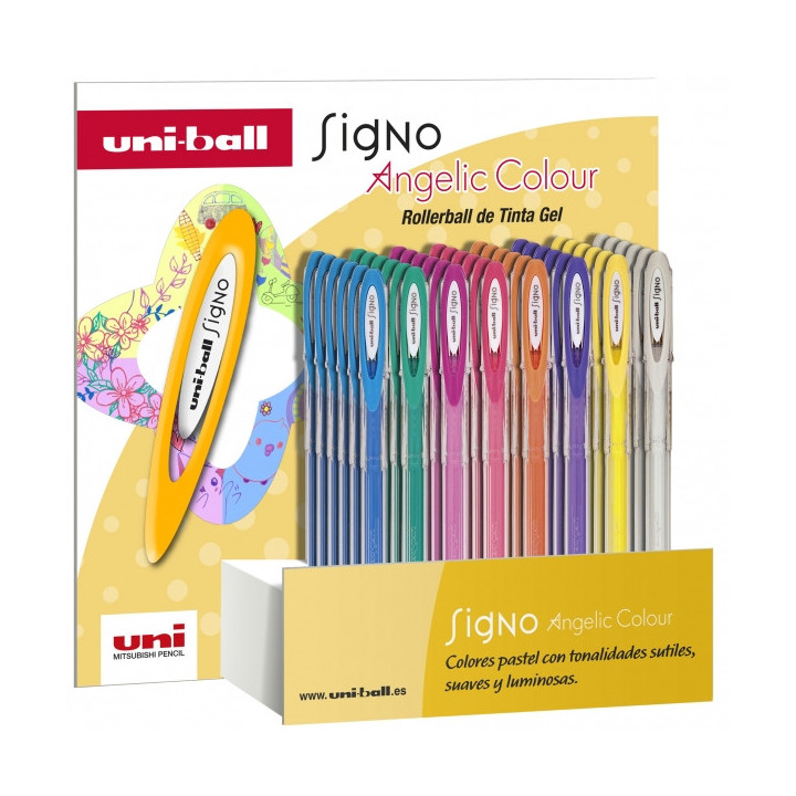 Uni-ball Signo Angelic Expositor de 48 Rollers de Tinta Gel - Punta de Bola 0.7mm - Tinta Resistente al Agua y Luz - Escribe en