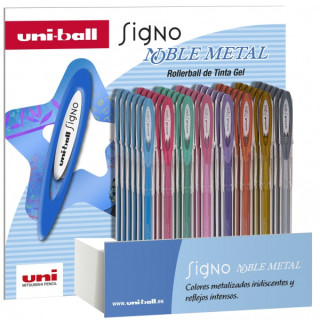 Uni-ball Signo Noble Metal Expositor de 48 Boligrafos de Tinta Gel - Punta de Bola 0.8mm - Tinta Resistente al Agua y Luz - Esc