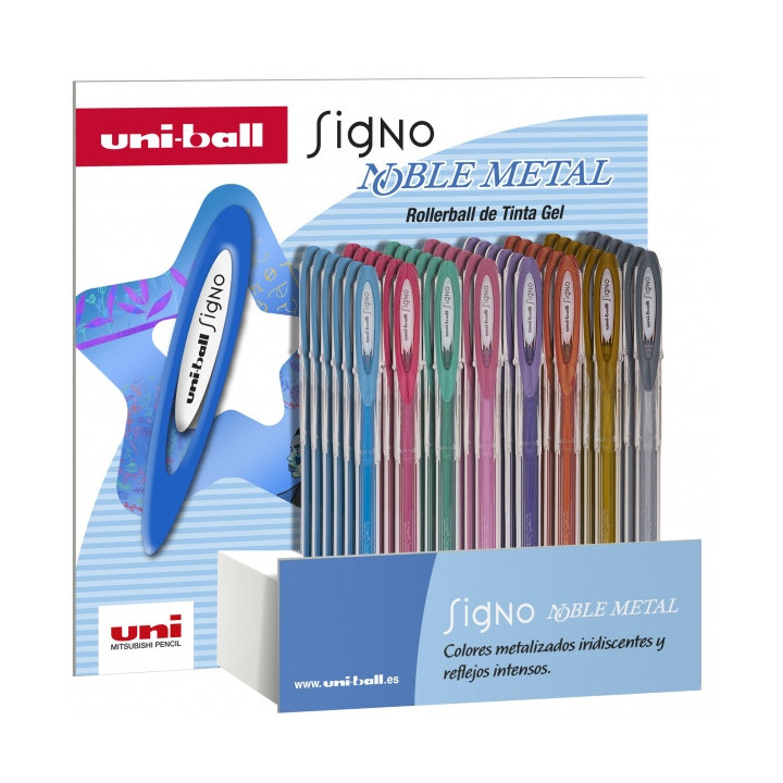 Uni-ball Signo Noble Metal Expositor de 48 Boligrafos de Tinta Gel - Punta de Bola 0.8mm - Tinta Resistente al Agua y Luz - Esc
