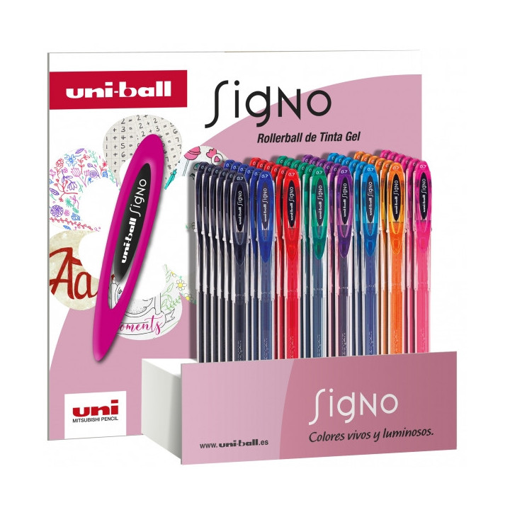 Uni-ball Signo Expositor de 48 Rollers de Tinta Gel - Punta de Bola 0.7mm - Tinta Resistente al Agua y Luz - Colores Surtidos