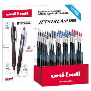 Uni-ball JetStream Sport SXN-150E Expositor con 36 Boligrafos de Tinta Pigmentada - Punta de Bola 1mm - Retractil - Secado Inst