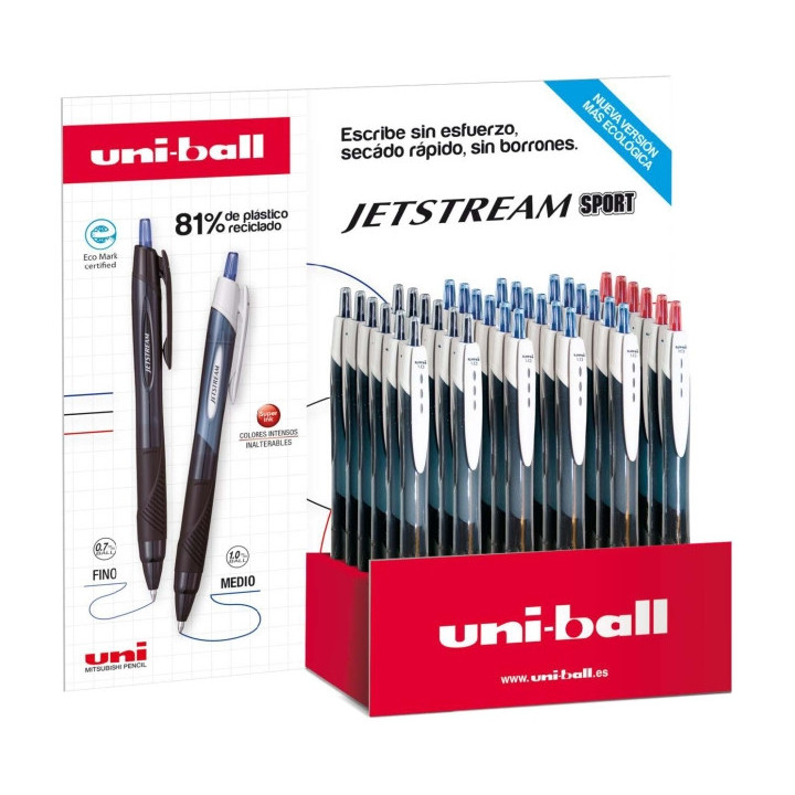 Uni-ball JetStream Sport SXN-150E Expositor con 36 Boligrafos de Tinta Pigmentada - Punta de Bola 1mm - Retractil - Secado Inst