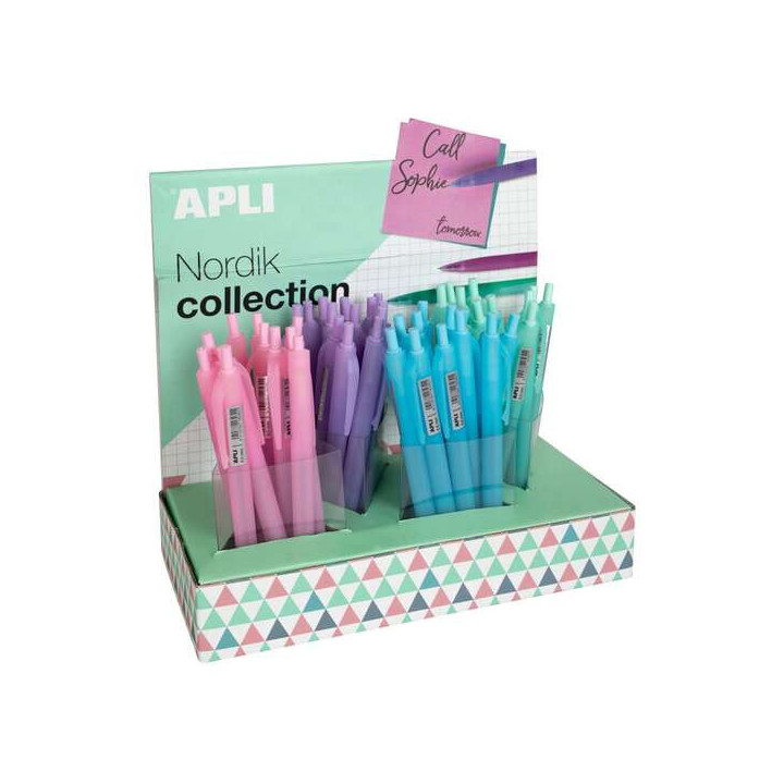 Apli Nordik Expositor con 48 Boligrafos de Gel - Punta 0.5mm - Tinta Azul - Acabado Silicona - Colores de Cuerpos Surtidos