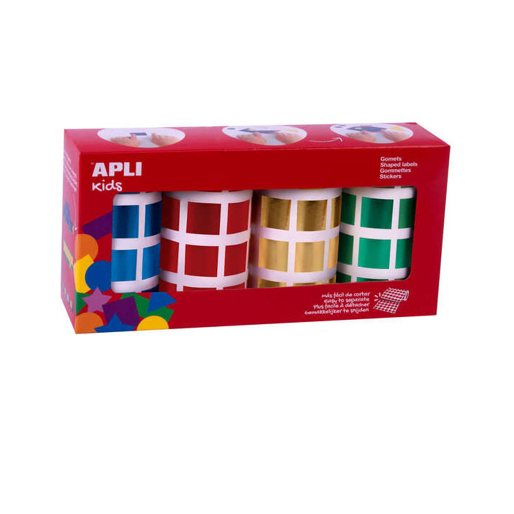 Apli Gomets Cuadrados Metalizados - Tamaño 20mm - Adhesivo Permanente - 4 Rollos con 5.640 Gomets en Colores Surtidos