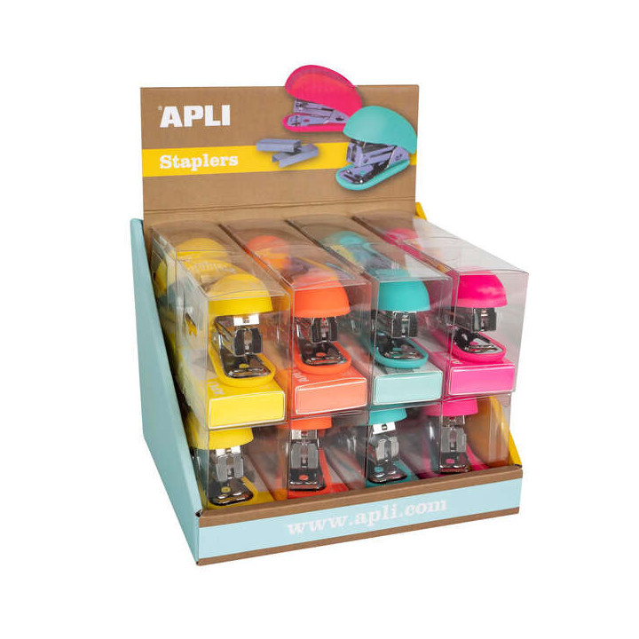 Apli Expositor de 16 Grapadoras Fluor Collection - Utiliza Grapas 22/6-24/6 - Incluye 1000 Grapas por Grapadora - Colores Fluor