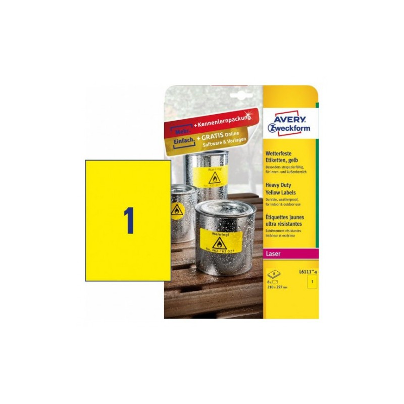 Paquete 8 hojas etiquetas amarillas de poliéster-impresoras láser-210 x 297 mm avery l6111-8 Paquete 8 hojas etiquetas amarillas de poliéster-impresoras láser-210 x 297 mm avery l6111-8