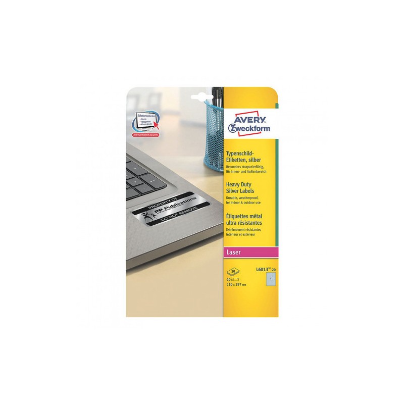 Paquete 20 hojas etiquetas plateadas de poliéster-impresoras láser-210x297 mm avery l6013-20 Paquete 20 hojas etiquetas plateadas de poliéster-impresoras láser-210x297 mm avery l6013-20