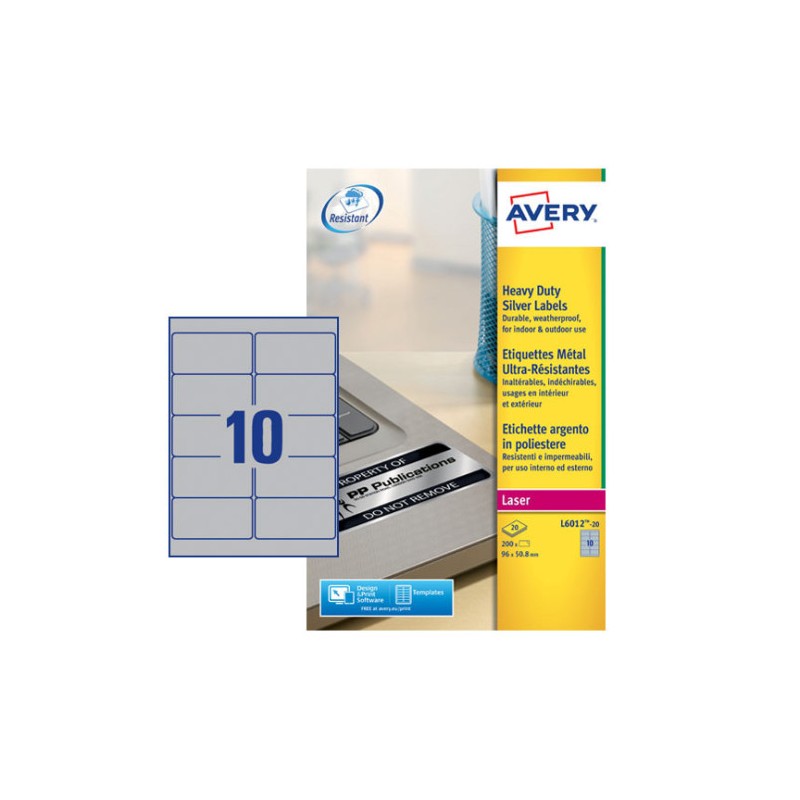 Paquete 20 hojas etiquetas plateadas de poliéster-impresoras láser-96x50 Paquete 20 hojas etiquetas plateadas de poliéster-impresoras láser-96x50