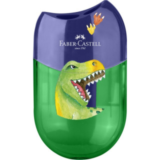 Faber-Castell Dinosaurio Sacapuntas de 2 Orificios con Deposito - Diseño Atractivo de Dinosaurio - Color Verde/Azul