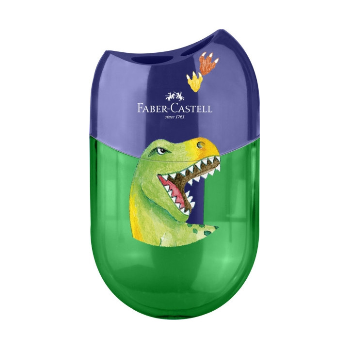 Faber-Castell Dinosaurio Sacapuntas de 2 Orificios con Deposito - Diseño Atractivo de Dinosaurio - Color Verde/Azul