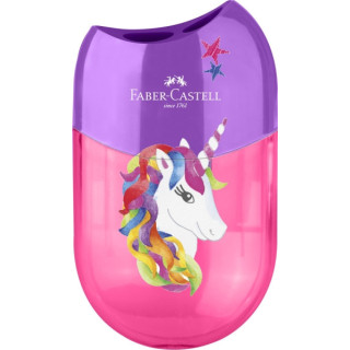Faber-Castell Unicornio Sacapuntas de 2 Orificios con Deposito - Diseño Atractivo de Unicornio - Color Rosa/Violeta