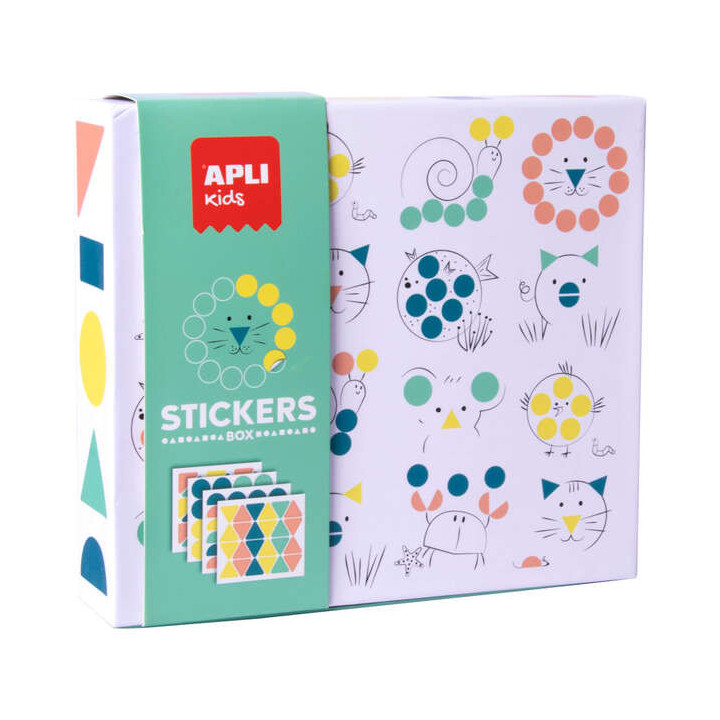 Apli Kids Juego de Gomets Animales - 8 Laminas Ilustradas de 200G - 8 Hojas de Gomets Removibles Geometricos - Libro Guia con E