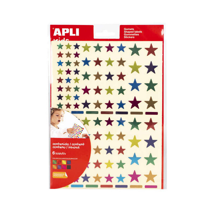 Apli Pack de 624 Gomets con Forma de Estrella - Adhesivo Removible - Acabado Metalizado - Ideales para Escuelas Infantiles - De