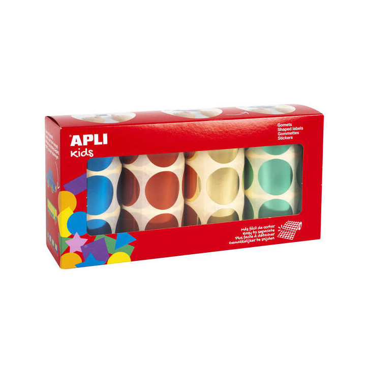 Apli Pack de 2.256 Gomets Redondos Ø 33mm - 4 Rollos de 564 Gomets - Adhesivo Permanente - Ideal para escuelas Infantiles y Co