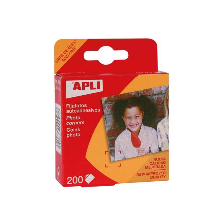 Apli Pack de 200 Fijafotos Autoadhesivos 18 x 17 mm - Solapa Triangular para Cantos de las Fotos - Facil Adherencia al Papel