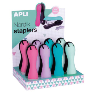 Apli Nordik Collection Expositor con 8 Grapadoras Ergonomicas Soft - Grapas Nº22/6-24/6 - Capacidad de Grapado 40 Hojas - Hori