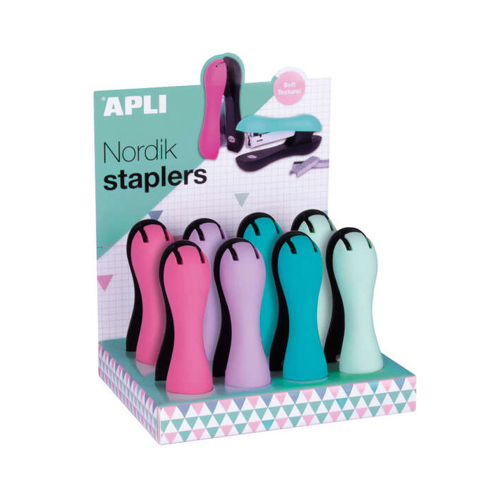 Apli Nordik Collection Expositor con 8 Grapadoras Ergonomicas Soft - Grapas Nº22/6-24/6 - Capacidad de Grapado 40 Hojas - Hori