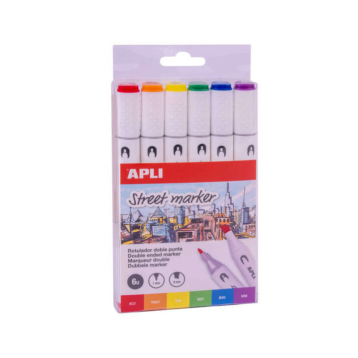 Apli Street Markers Rotuladores de Doble Punta - Puntas de 1mm y 6mm - Tinta de Base Alcohol - Multifuncionales para Dibujar