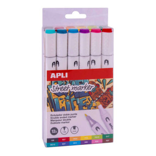 Apli Street Marker Rotuladores de Doble Punta - Punta Redonda de 1mm y Biselada de 6mm - Tinta de Base Alcohol - 12 Colores Sur