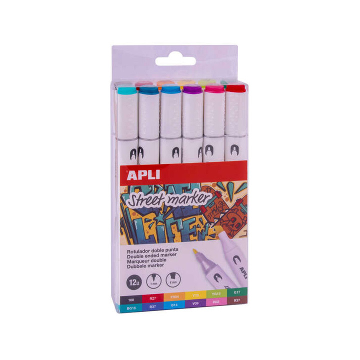 Apli Street Marker Rotuladores de Doble Punta - Punta Redonda de 1mm y Biselada de 6mm - Tinta de Base Alcohol - 12 Colores Sur