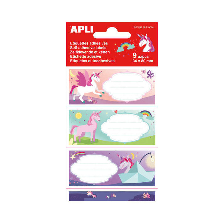 Apli Etiquetas Adhesivas Escolares Unicornios - Tamaño 81x36mm - 9 Etiquetas (3 por Diseño) - Adhesivo Permanente de Alta Cal