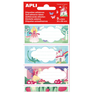 Apli Etiquetas Adhesivas Escolares Princesas - Tamaño 81x36mm - 9 Etiquetas en 3 Hojas - Adhesivo Permanente de Alta Calidad -