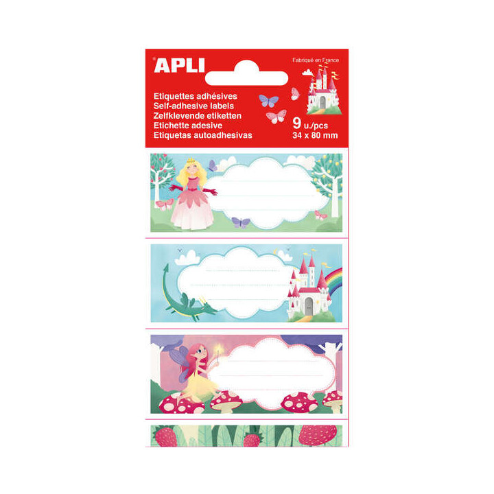 Apli Etiquetas Adhesivas Escolares Princesas - Tamaño 81x36mm - 9 Etiquetas en 3 Hojas - Adhesivo Permanente de Alta Calidad -