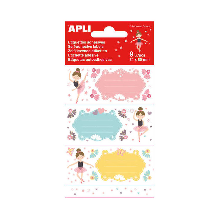 Apli Etiquetas Adhesivas Escolares Bailarinas - Tamaño 81x36mm - 9 Etiquetas (3 por Diseño) - Adhesivo Permanente de Alta Cal