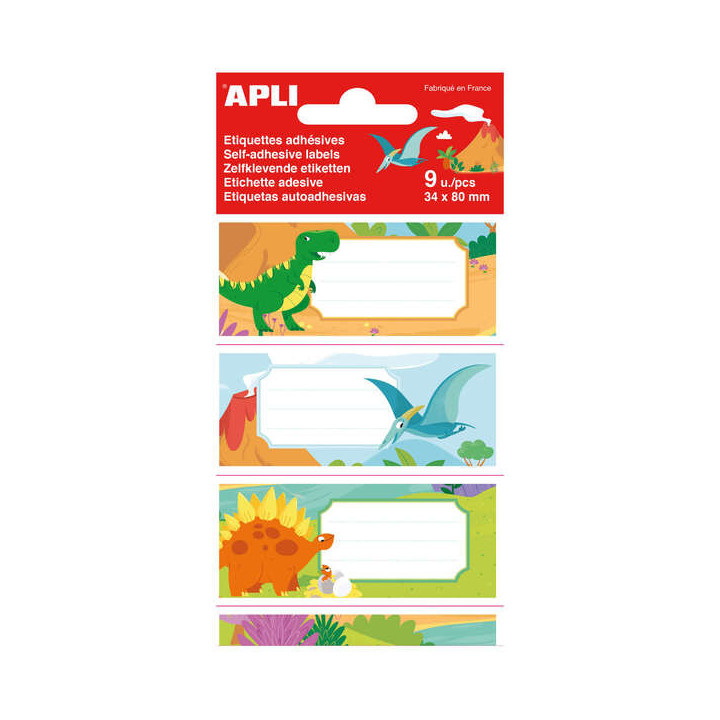 Apli Etiquetas Adhesivas Escolares Dinosaurios - Tamaño 81x36mm - 9 Etiquetas de Adhesivo Permanente de Alta Calidad - Ideal p