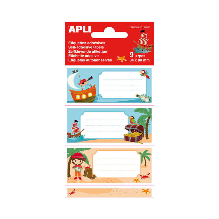 Apli Etiquetas Adhesivas Escolares Piratas - Tamaño 81x36mm - 9 Etiquetas de Adhesivo Permanente de Alta Calidad - Diseño Pir