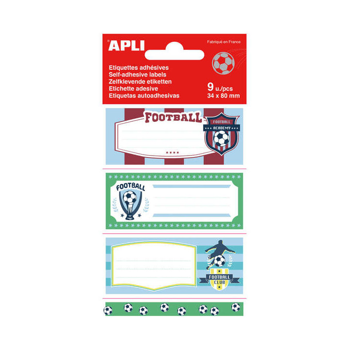 Apli Etiquetas Adhesivas Escolares Futbol - Tamaño 81x36mm - 9 Etiquetas por Bolsa - Adhesivo Permanente de Alta Calidad - Dis